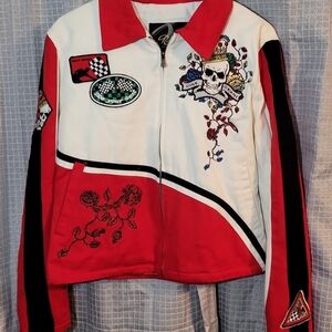 Red Fox Red and White Embroidered Bomber Jacket